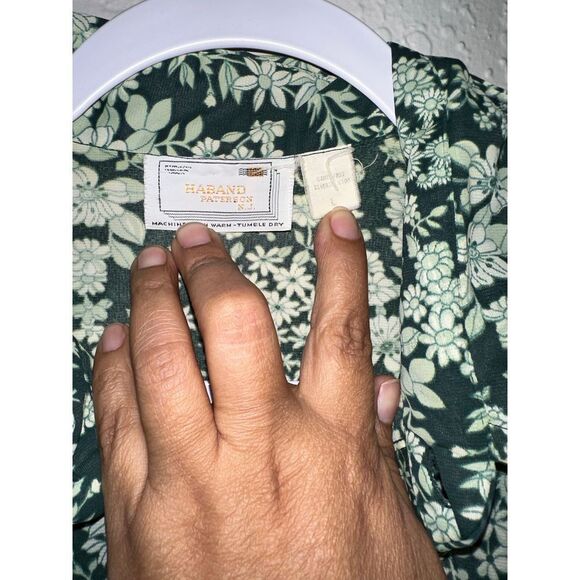 Women’s Haband Accordion Pleat Green Floral Crepe Tunic Long Sleeve Size L - Picture 2 of 4